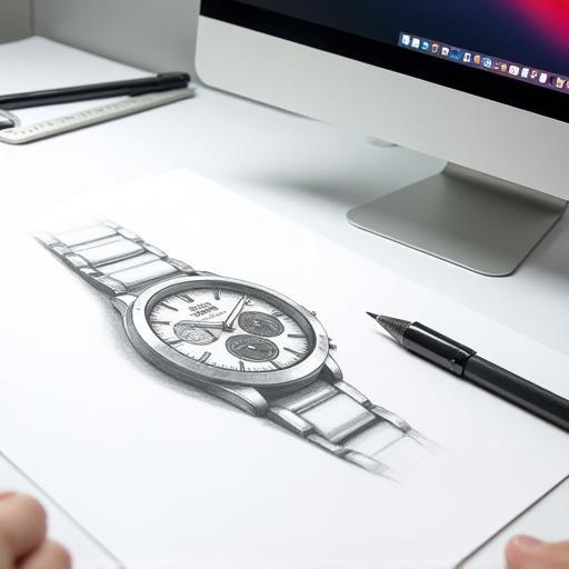 A detailed sketch of a custom watch design next to a 3D rendering on a screen.
