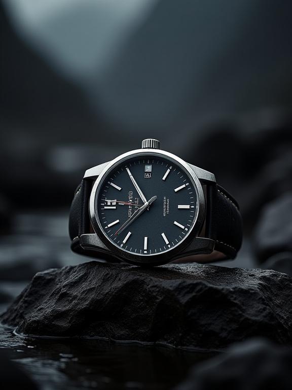 Product shot of The Rundle Automatic watch on a piece of dark stone.